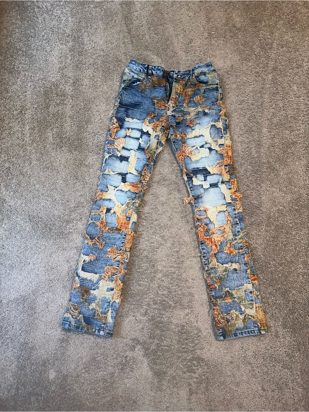 Fashion Nova Blue and Orange Distressed Patch Jeans for Kids Boys 14-16